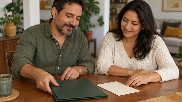 Pareja adulta con una carpeta de documentos sobre la mesa de su hogar.