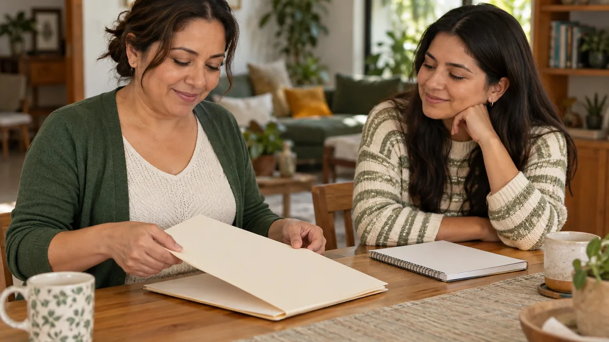 Familia preparando una carpeta de documentos en casa.