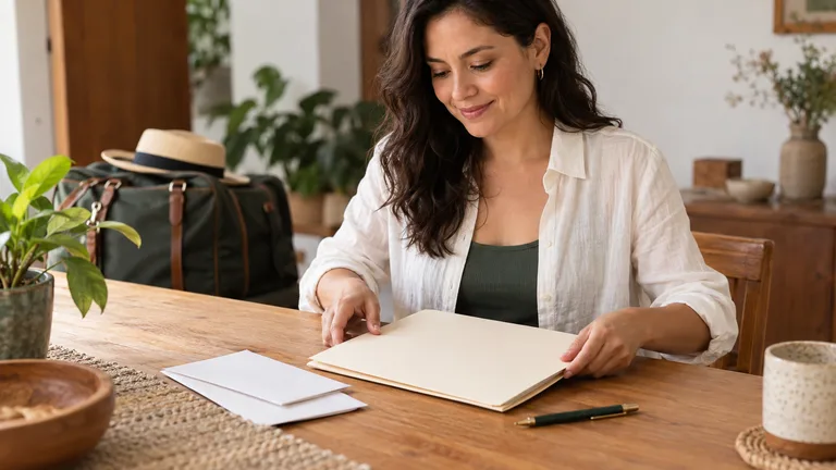 Mujer organizando una carpeta y sobres para sus documentos.