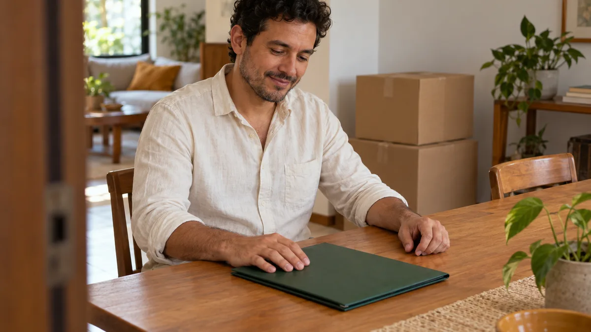 Hombre con una carpeta cerrada en una mesa de su nuevo hogar, con cajas al fondo.