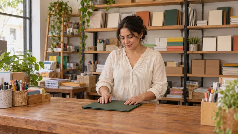 Mujer preparando una carpeta cerrada sobre el mostrador de una papelería.