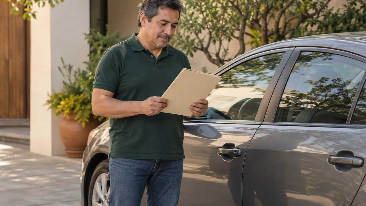 Hombre revisando una carpeta junto a un automóvil estacionado.
