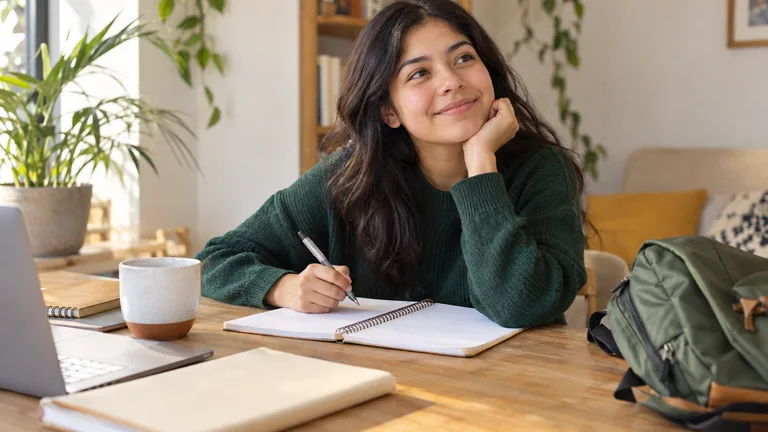 Estudiante mayor de edad preparando cuadernos y una carpeta de documentos.