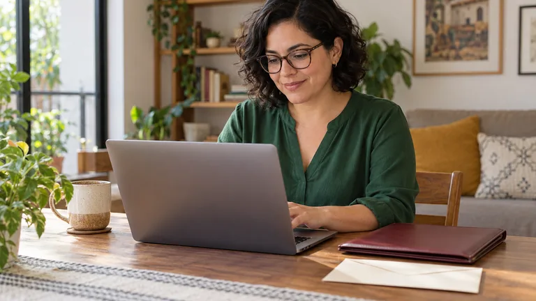 Mujer adulta consultando una computadora junto a una carpeta y un sobre.