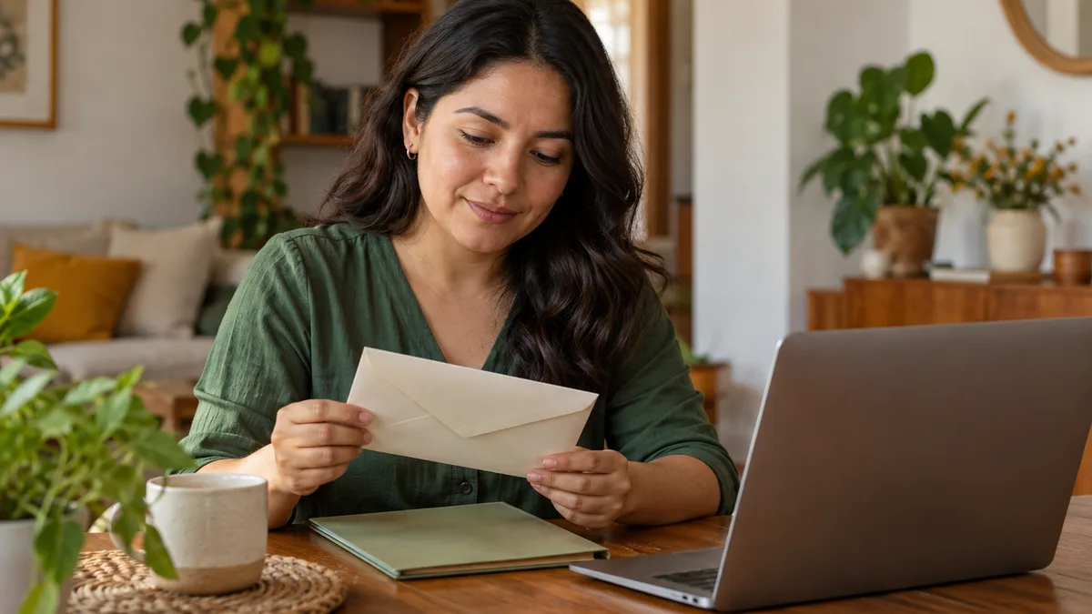 Mujer preparando una carpeta y un sobre junto a su computadora.