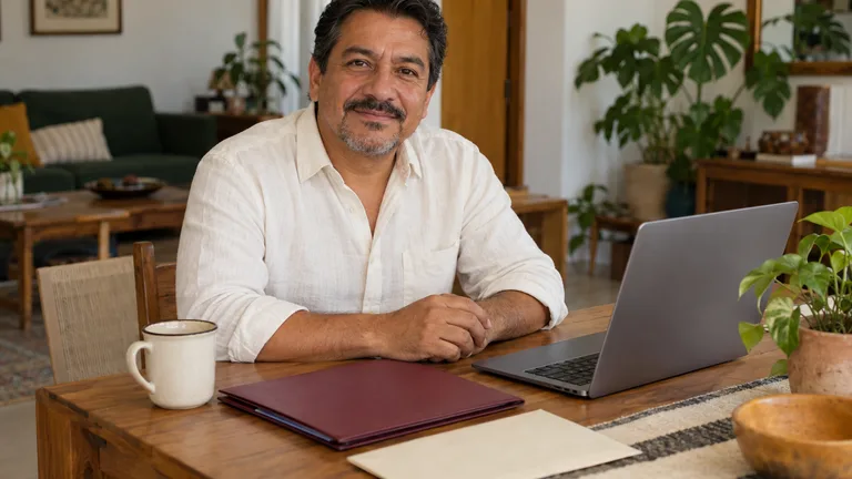 Hombre preparando una carpeta de documentos en una mesa de casa.