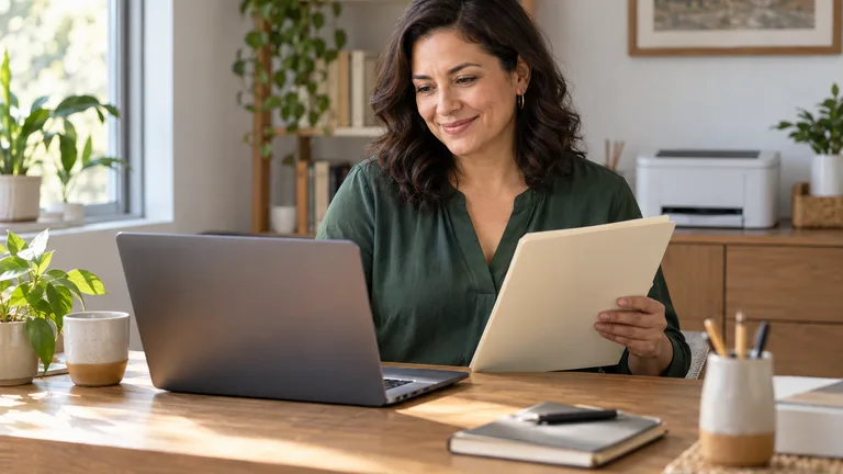 Mujer revisando una carpeta junto a una computadora y una impresora.