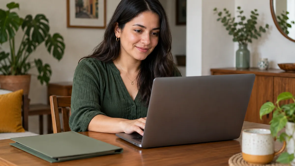 Mujer consultando información en una computadora junto a una carpeta de documentos.