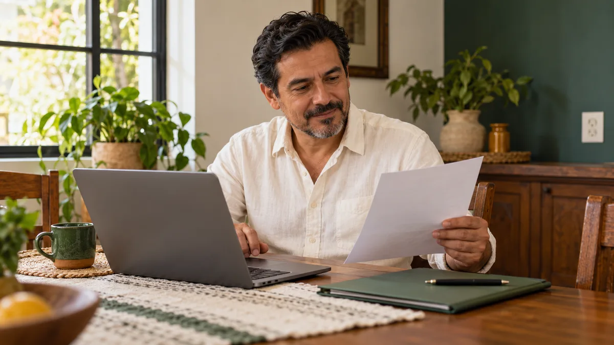 Hombre revisando un documento del hogar junto a una computadora portátil.