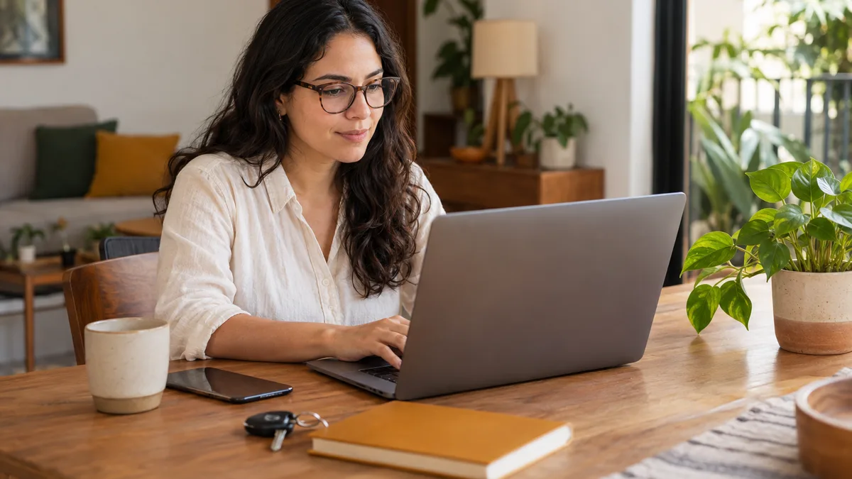 Mujer consultando una computadora junto a una carpeta y llaves de automóvil.