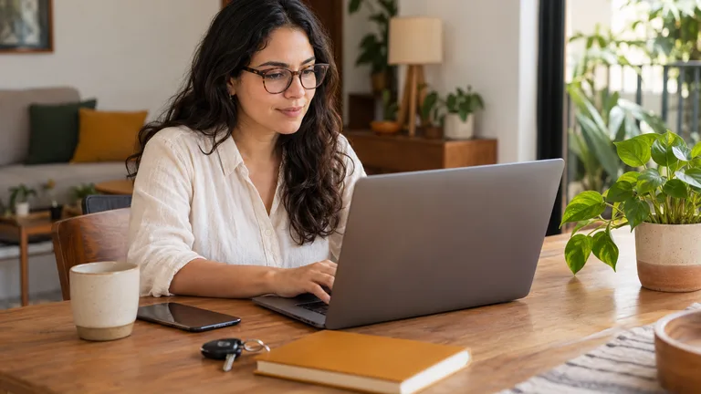 Mujer consultando una computadora junto a una carpeta y llaves de automóvil.