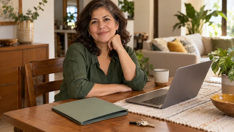 Mujer revisando una carpeta y una computadora en su hogar.