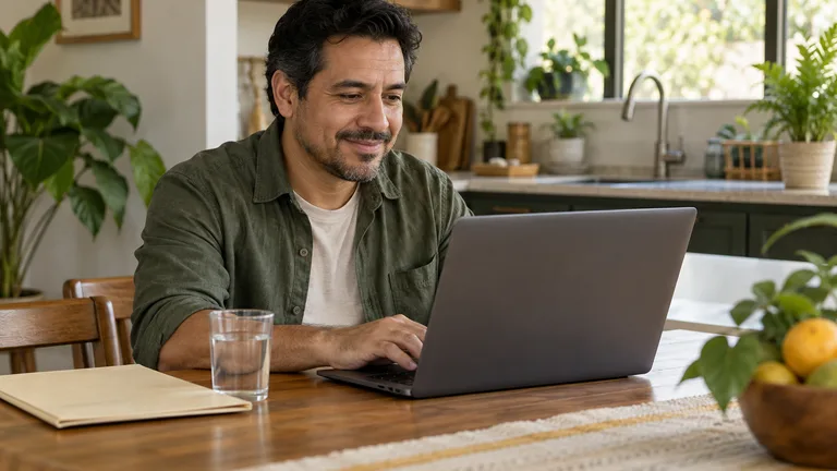 Hombre revisando información en una computadora en la mesa de su cocina.
