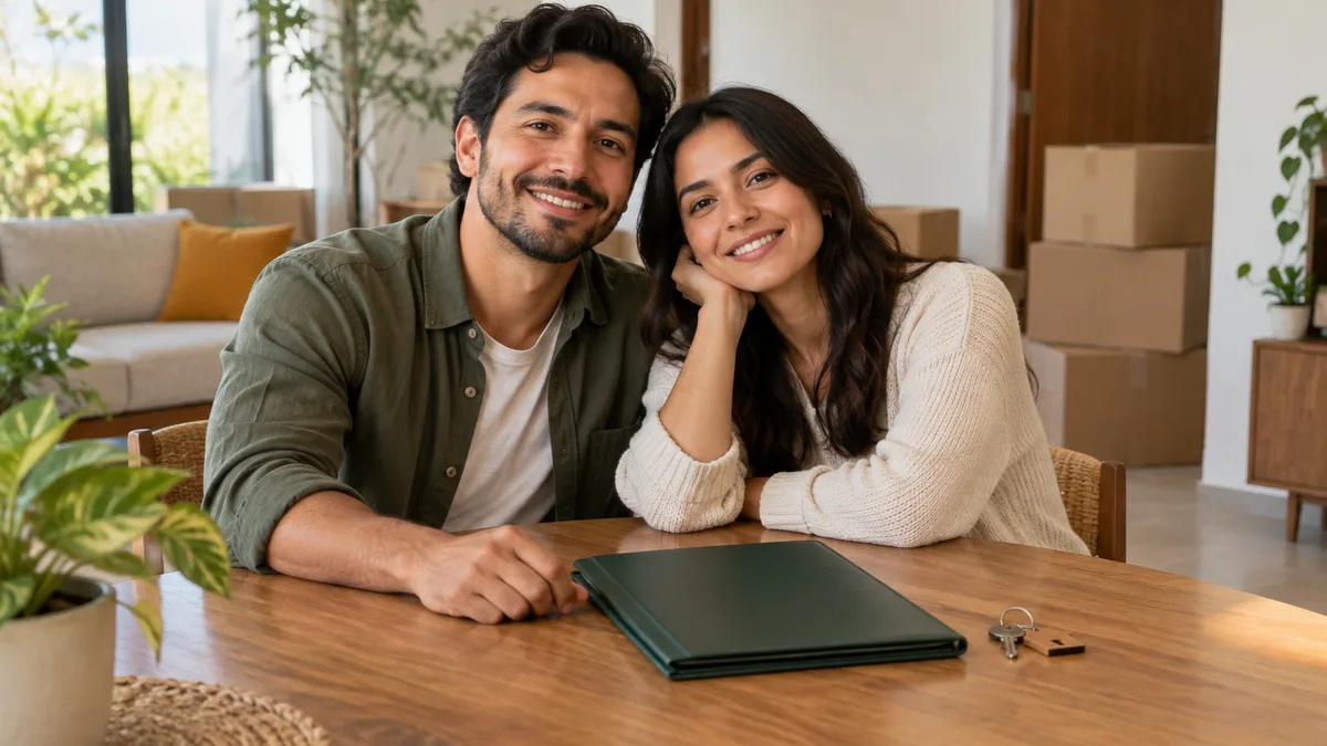 Pareja organizando documentos y llaves en su nuevo hogar.