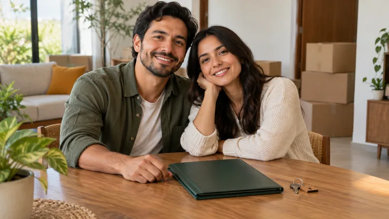 Pareja organizando documentos y llaves en su nuevo hogar.