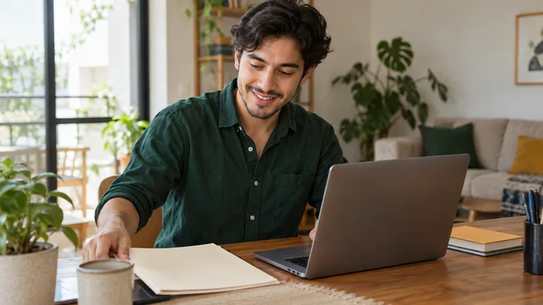 Joven profesional preparando una carpeta en su espacio de trabajo.