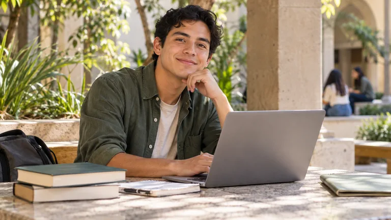Estudiante universitario revisando una computadora con sus libros y una carpeta.