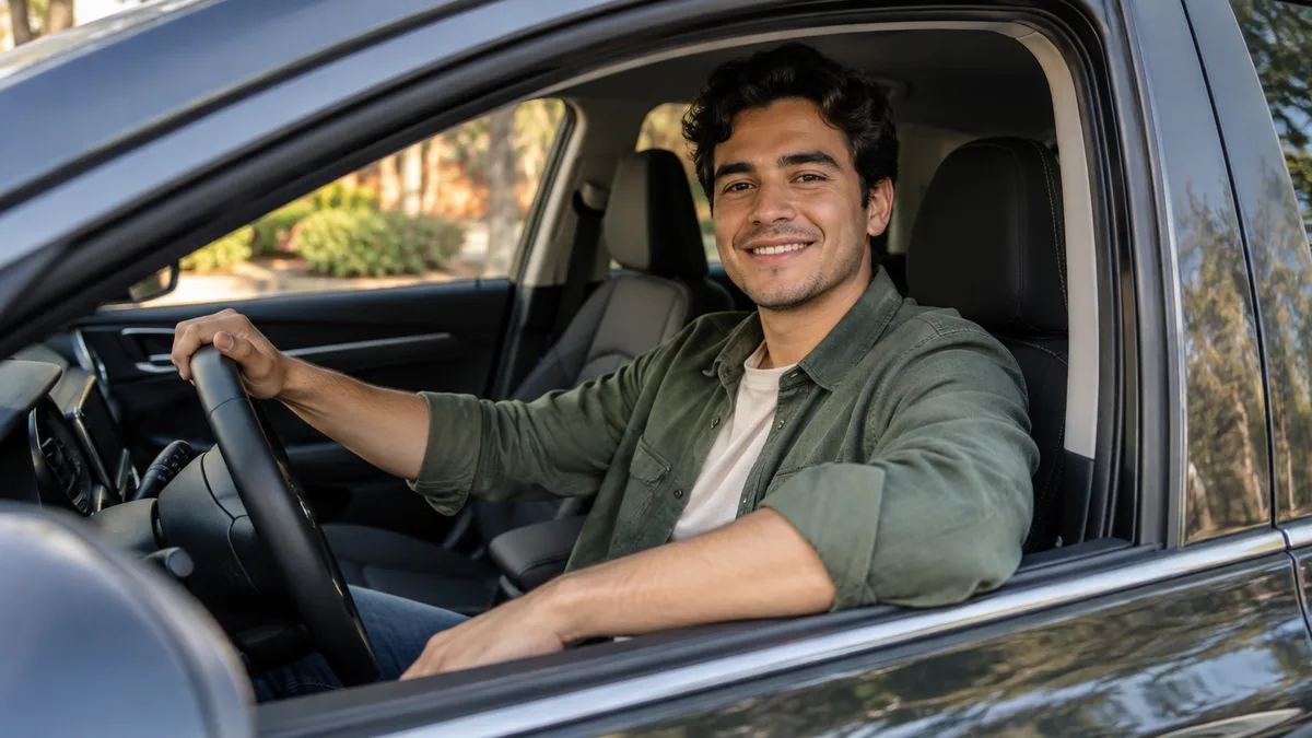 Joven conductor sentado en un automóvil estacionado.