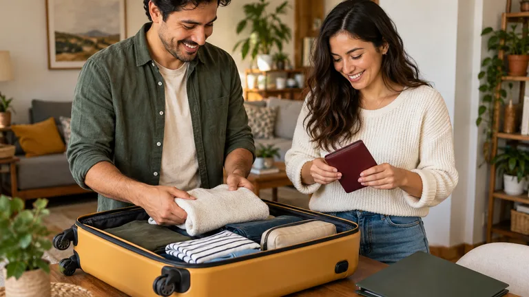Pareja preparando documentos y una maleta pequeña antes de viajar.