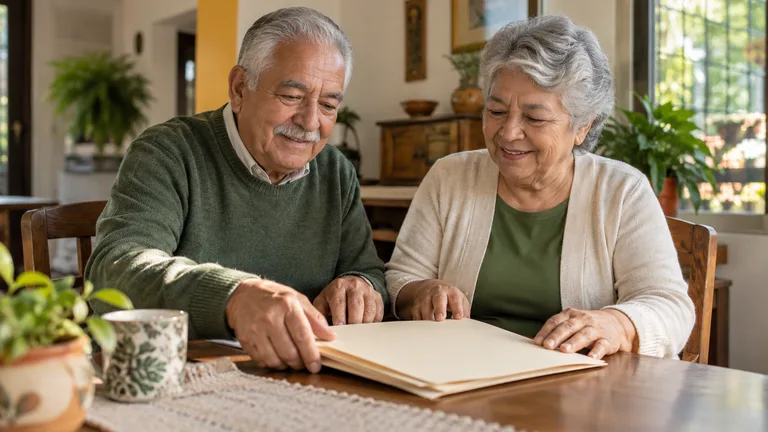 Pareja de personas mayores preparando una carpeta de documentos en casa.
