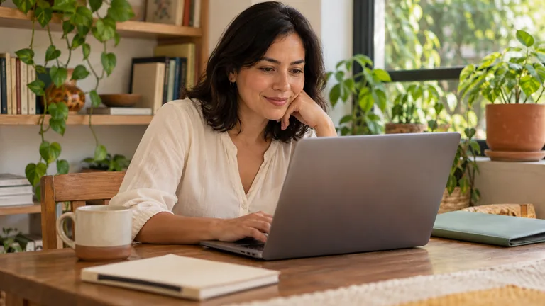 Mujer consultando una computadora con una libreta y una carpeta a su lado.