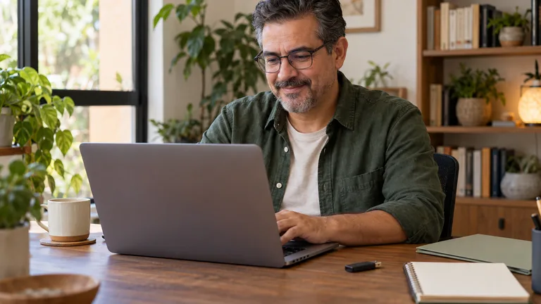 Profesional revisando una computadora junto a una memoria USB y una libreta.