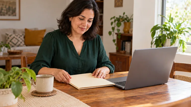 Mujer preparando una carpeta cerrada junto a una computadora en casa.