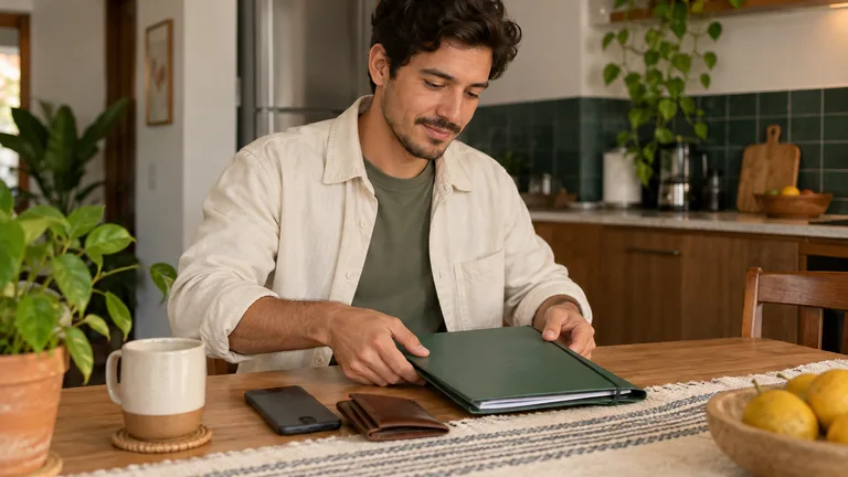 Hombre preparando una carpeta junto a una billetera y un teléfono.