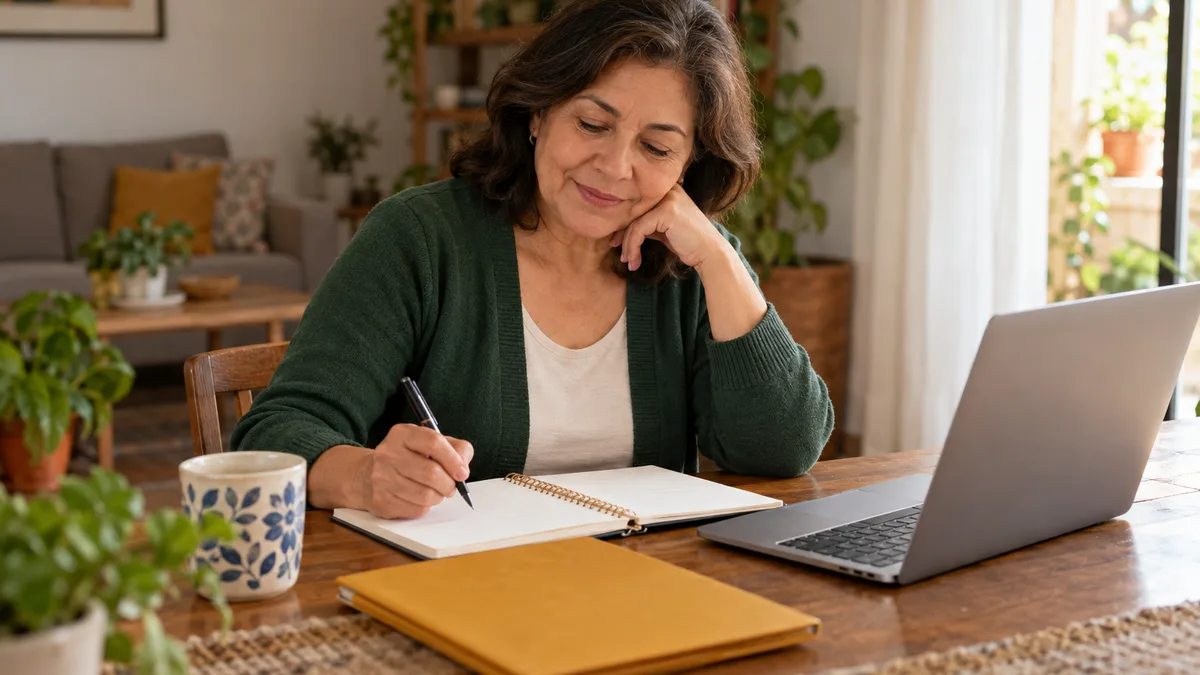 Mujer adulta revisando una libreta junto a una computadora.