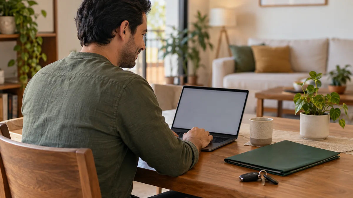 Persona revisando información en una computadora con llaves de automóvil al lado.