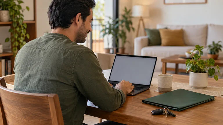 Persona revisando información en una computadora con llaves de automóvil al lado.