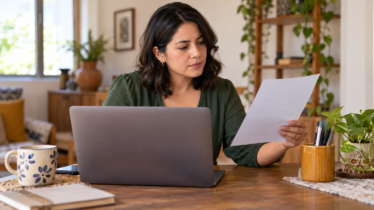 Mujer comparando un documento con información en su computadora portátil.