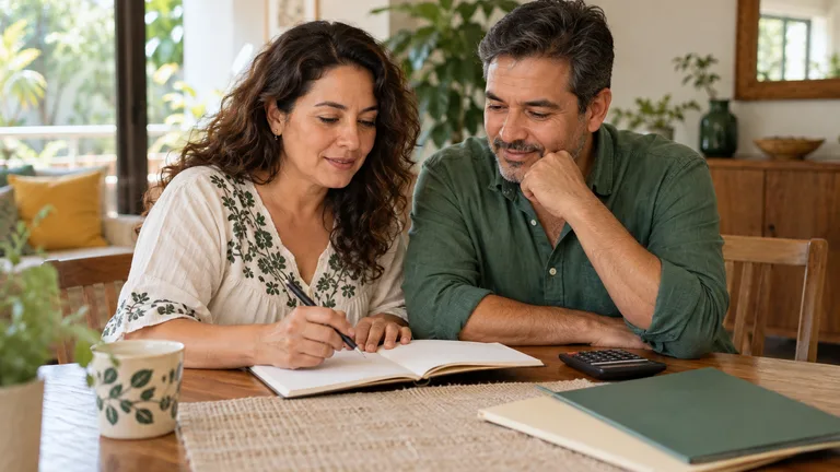 Pareja revisando una libreta y carpetas en la mesa de su hogar.