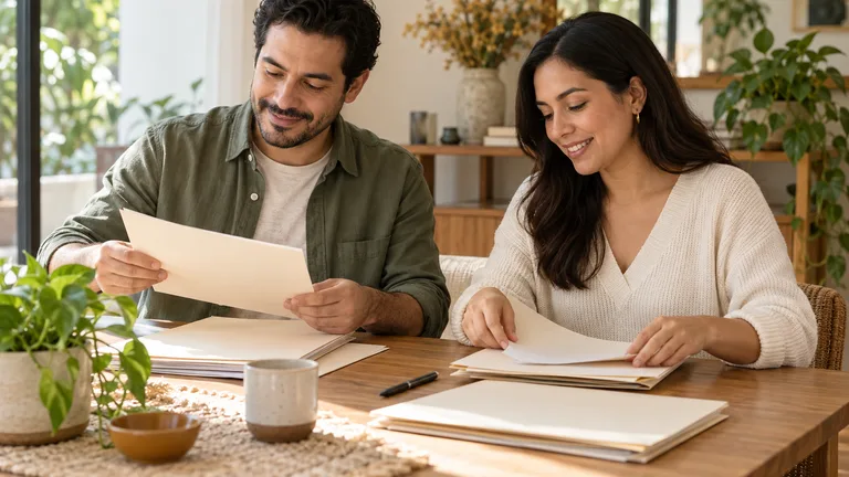 Pareja organizando carpetas y documentos personales en una mesa.
