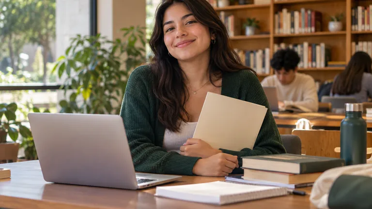 Estudiante con una carpeta y libros en un espacio de estudio.