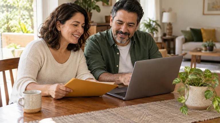 Pareja revisando una carpeta en la mesa de su hogar.