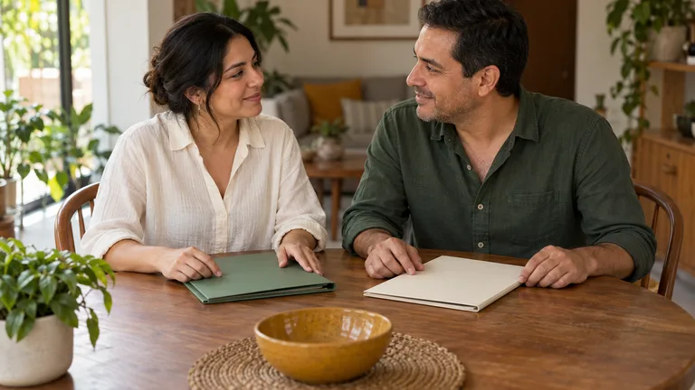 Pareja organizando dos carpetas cerradas en la mesa de su hogar.