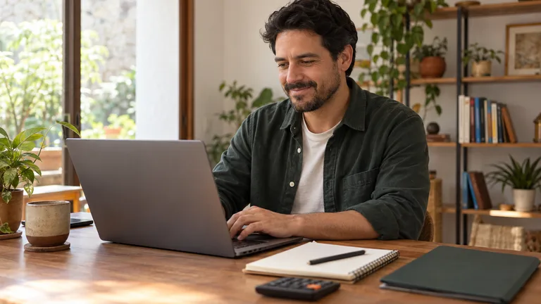 Persona revisando una libreta y una computadora en su escritorio.
